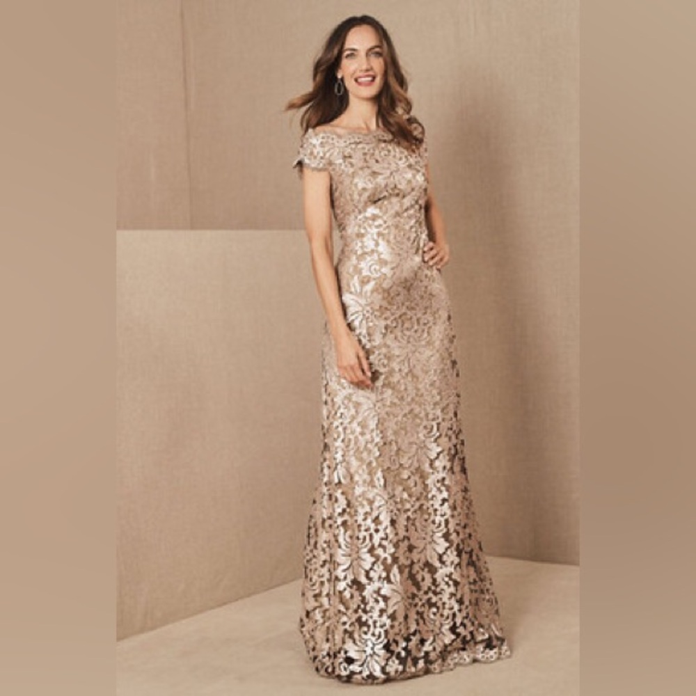 NWT BHLDN Tadashi Shoji Odette Embroidered Gold Sequin Lace Formal Dress Size 4